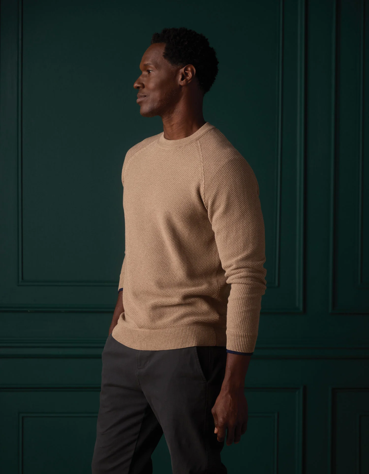 COOLMAX® Textured Crewneck Sweater in Dark Taupe - Image 5