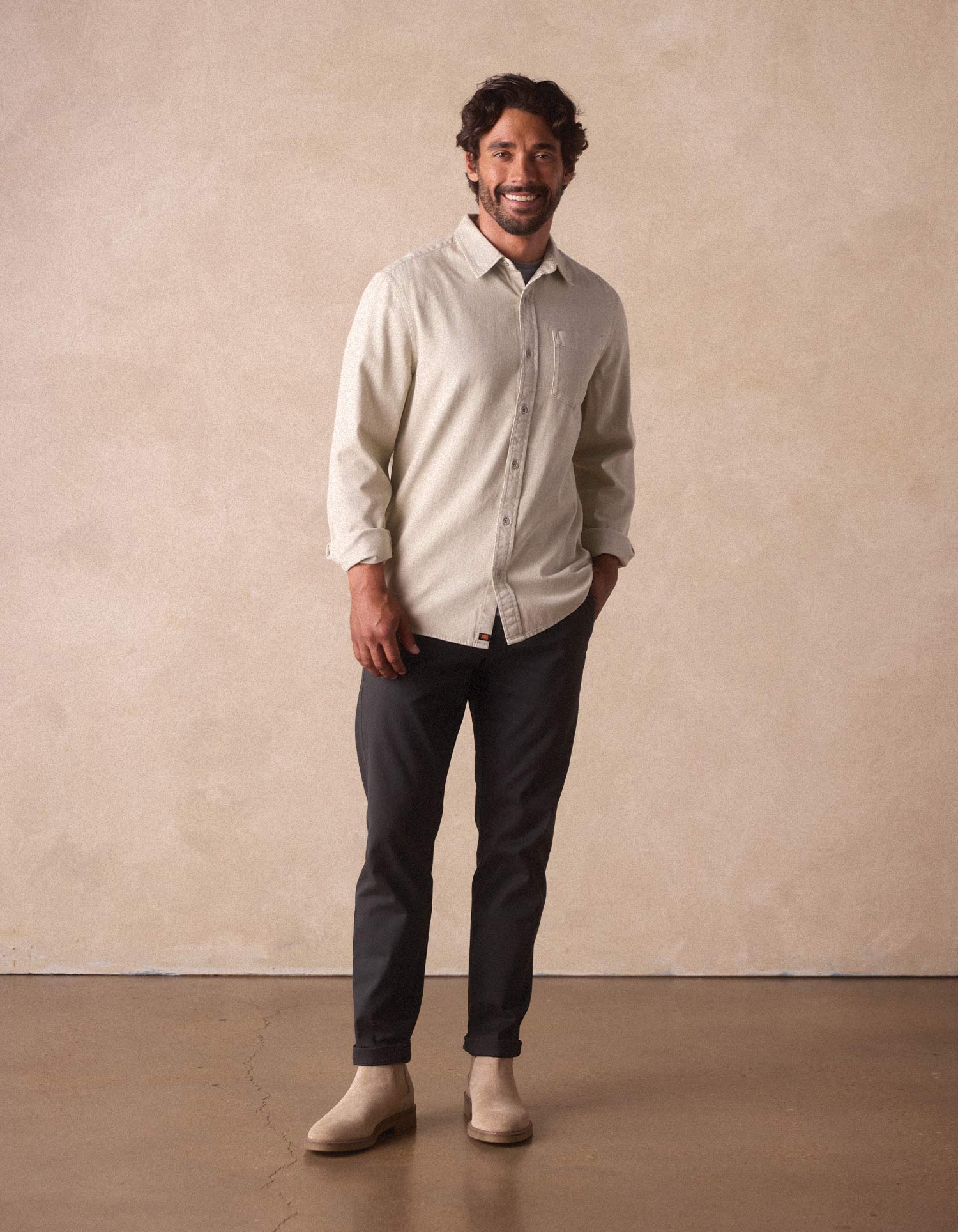 Cotton Denim Long Sleeve Button Up in Silver Moss - Image 2
