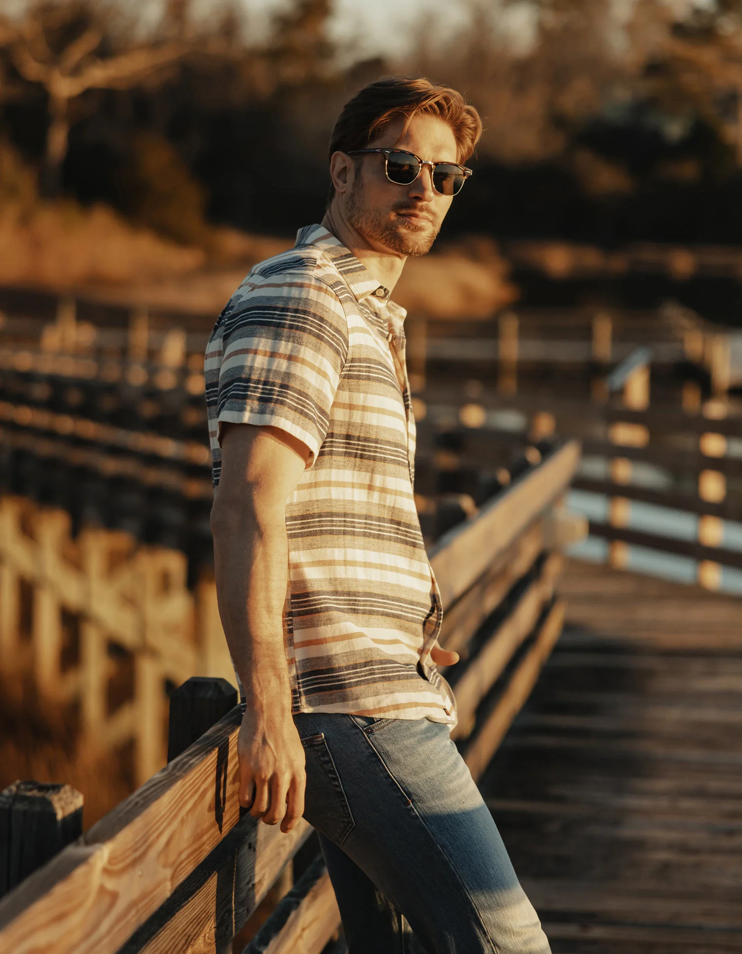 Freshwater Short Sleeve Button Up Shirt in Adobe Rose Stripe