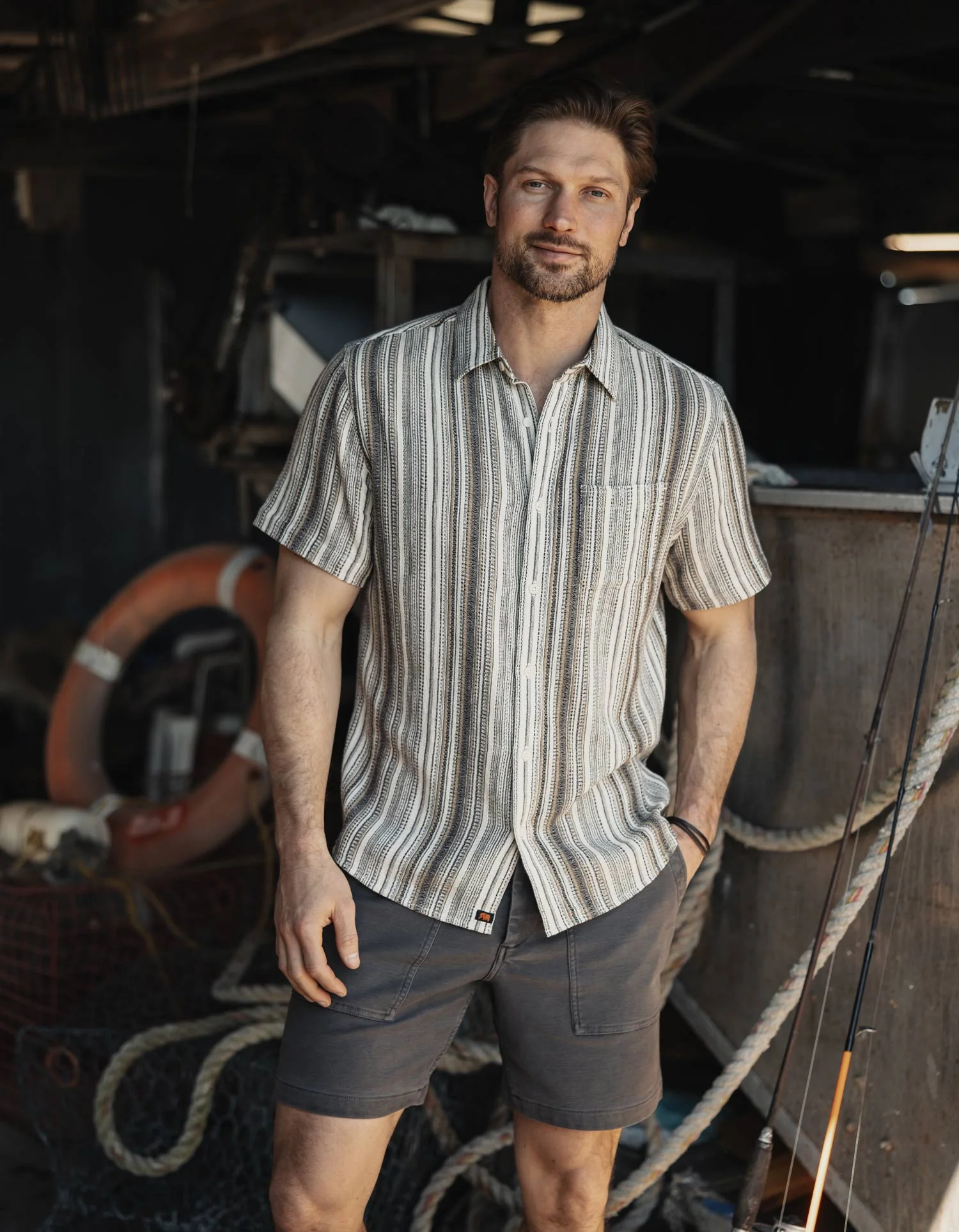 Freshwater Short Sleeve Button Up Shirt in Sandy Shore Stripe