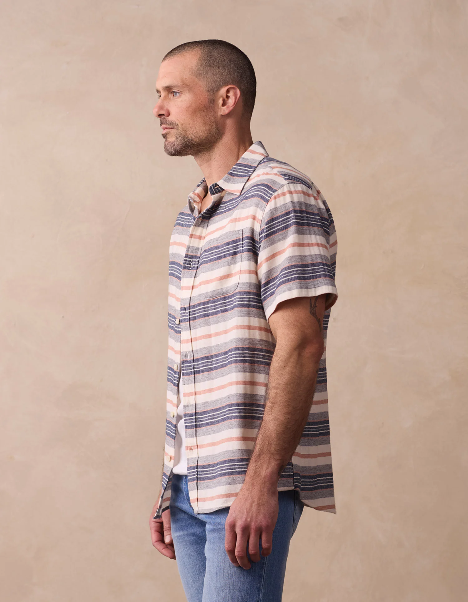 Freshwater Short Sleeve Button Up Shirt in Adobe Rose Stripe - Image 5