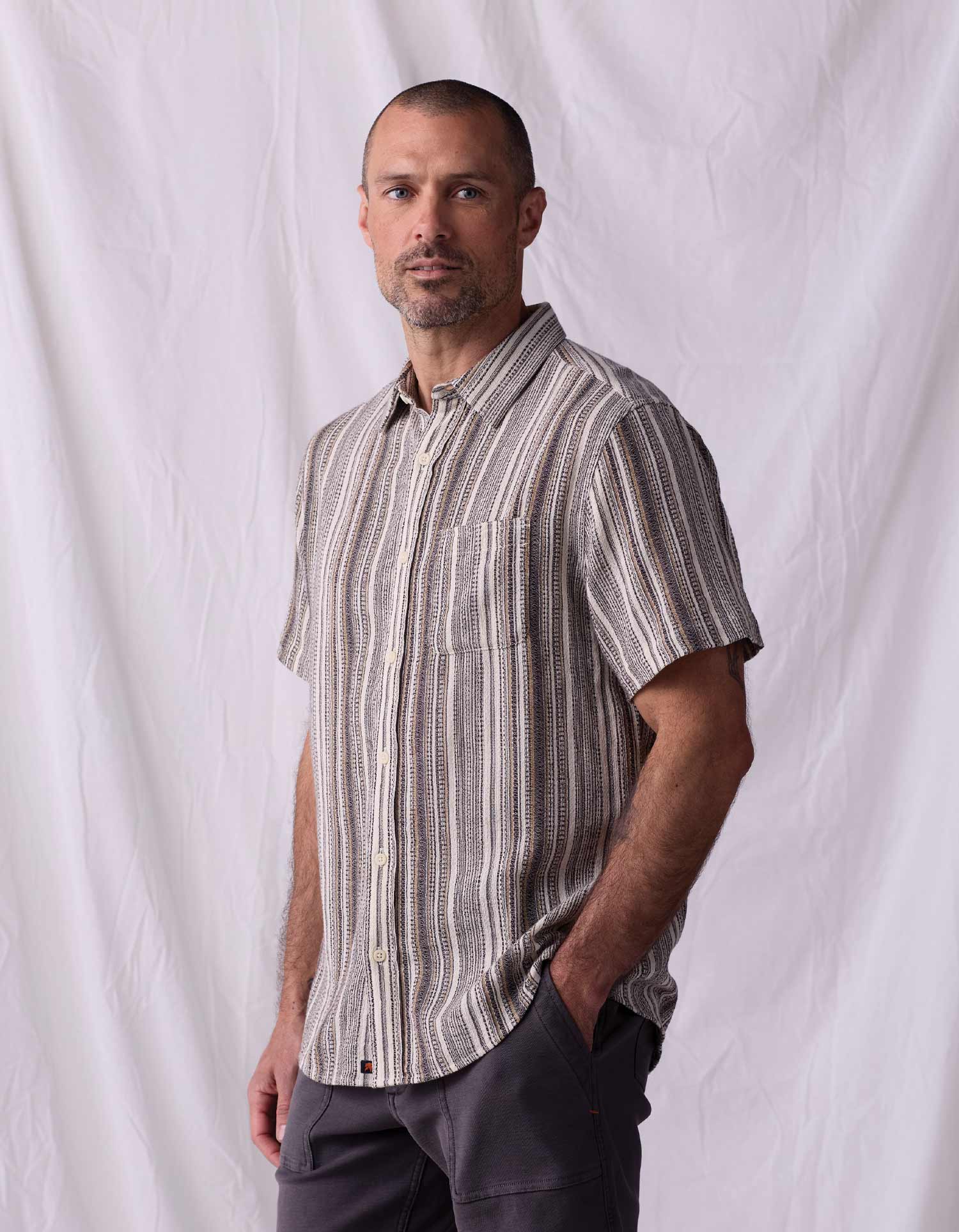 Freshwater Short Sleeve Button Up Shirt in Sandy Shore Stripe - Image 4