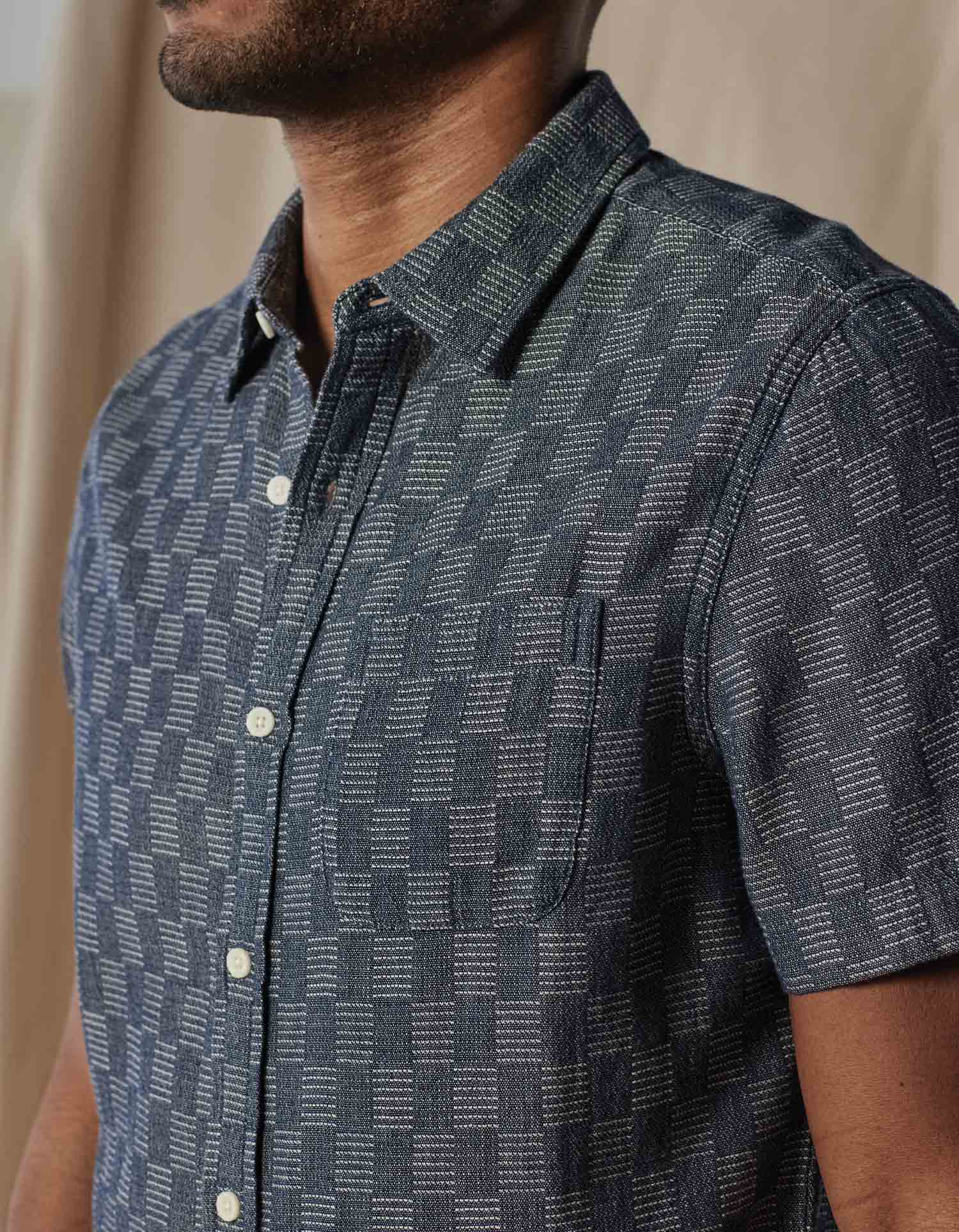 Freshwater Short Sleeve Button Up Shirt in Summer Navy Check - Image 4