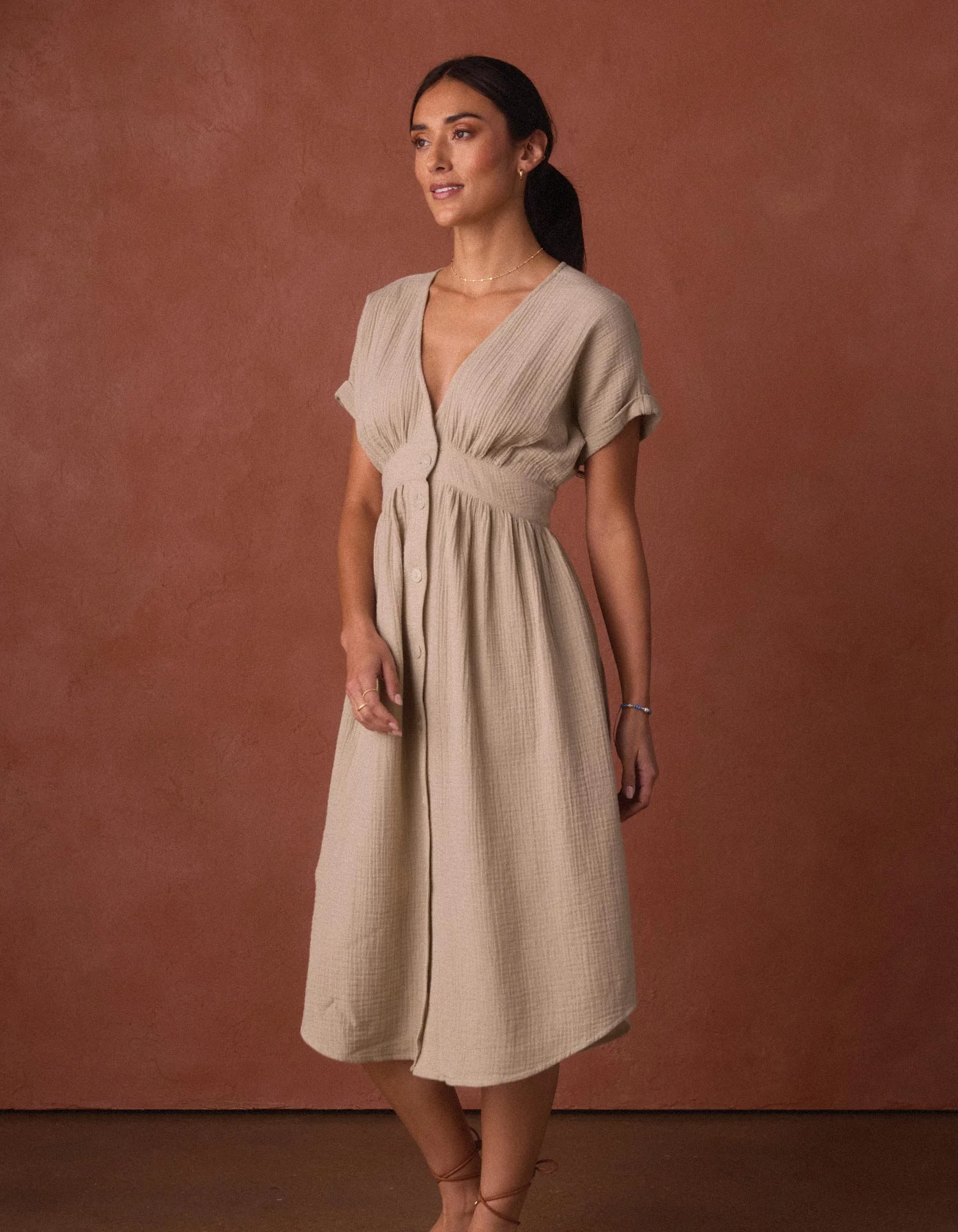 Kalo Gauze Deep V Button Thru Dress in Pumice