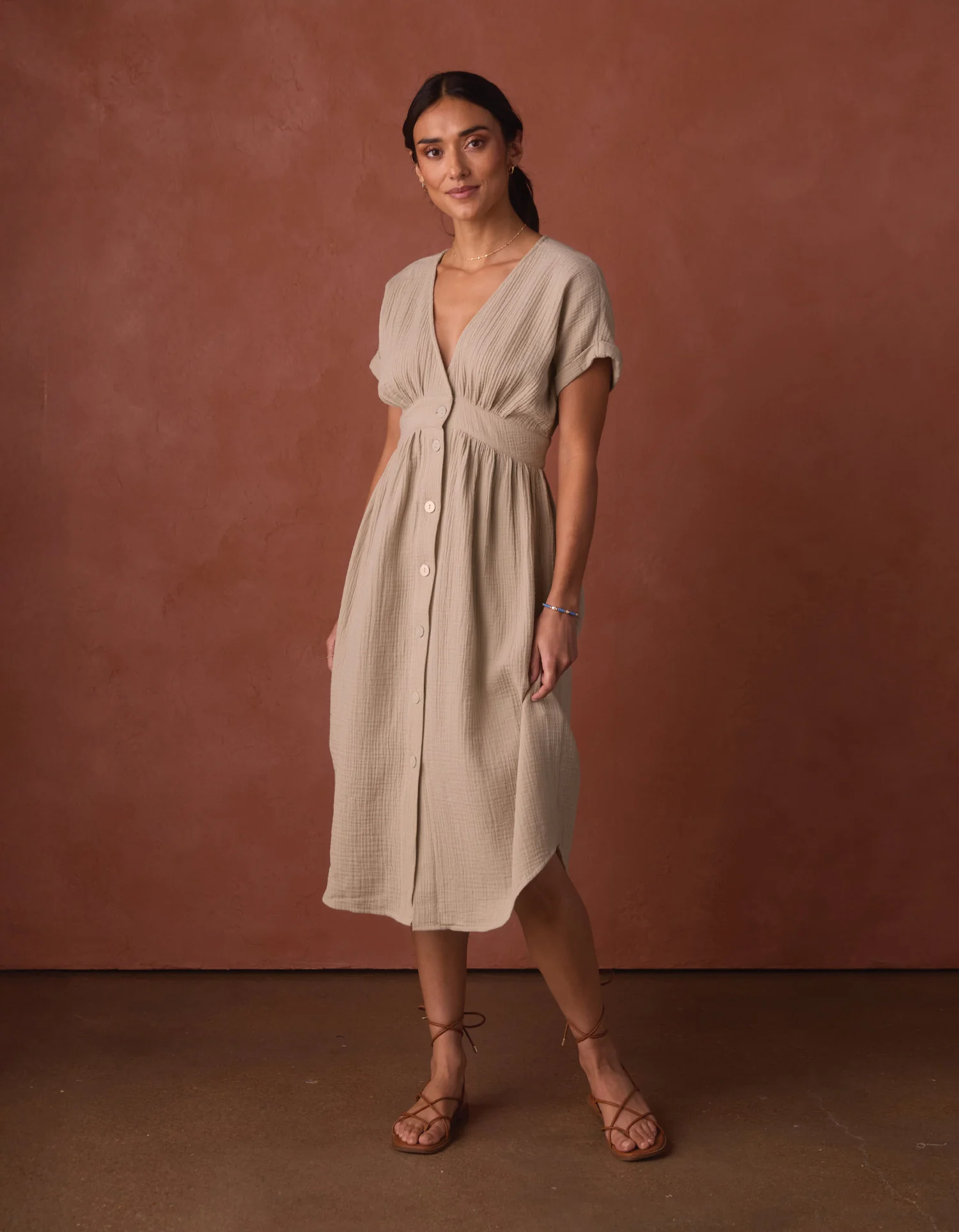 Kalo Gauze Deep V Button Thru Dress in Pumice - Image 2