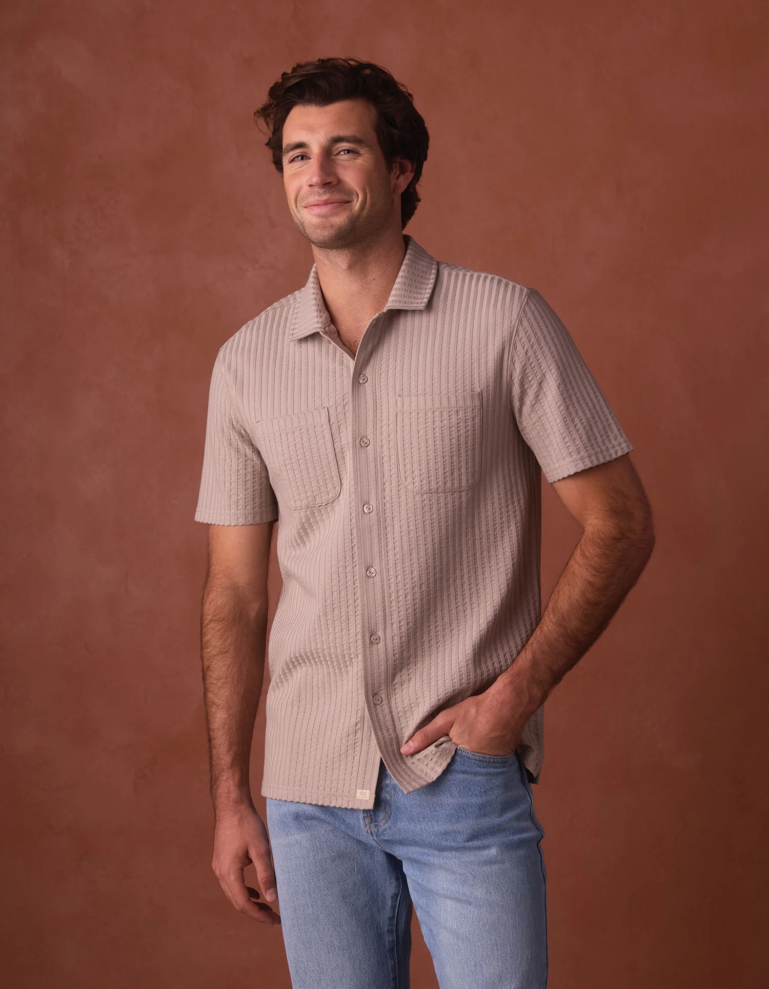 Knit Getaway Button Up in Taupe - Image 4