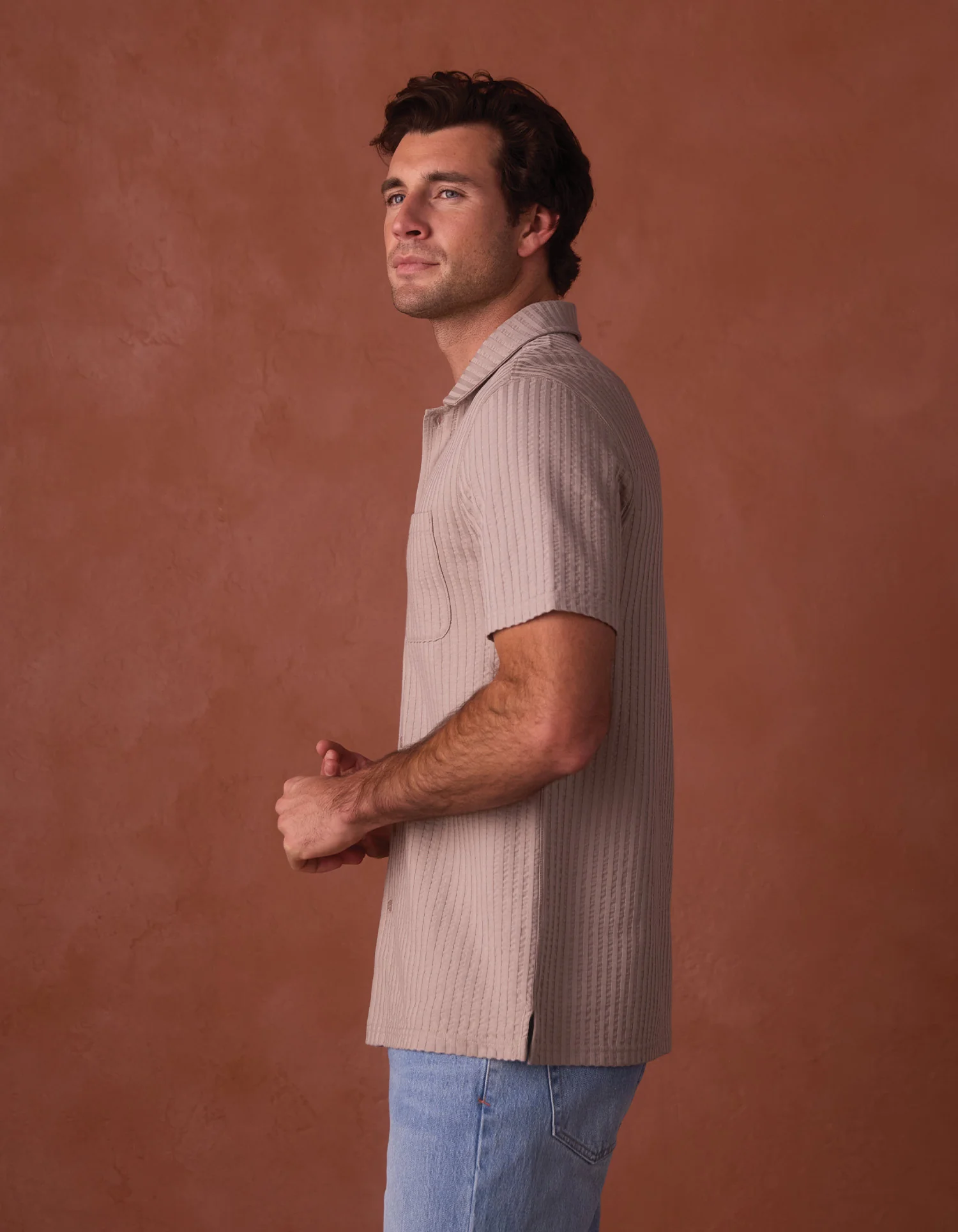 Knit Getaway Button Up in Taupe - Image 5