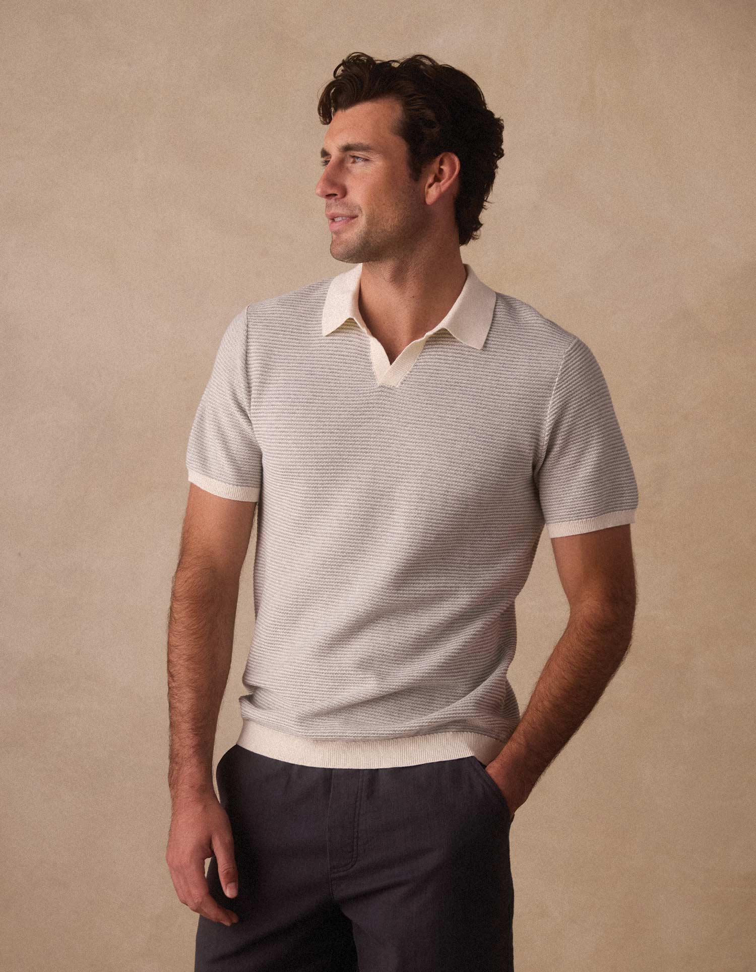 Robles Birdseye Knit Polo in Cream/Grey - Image 3