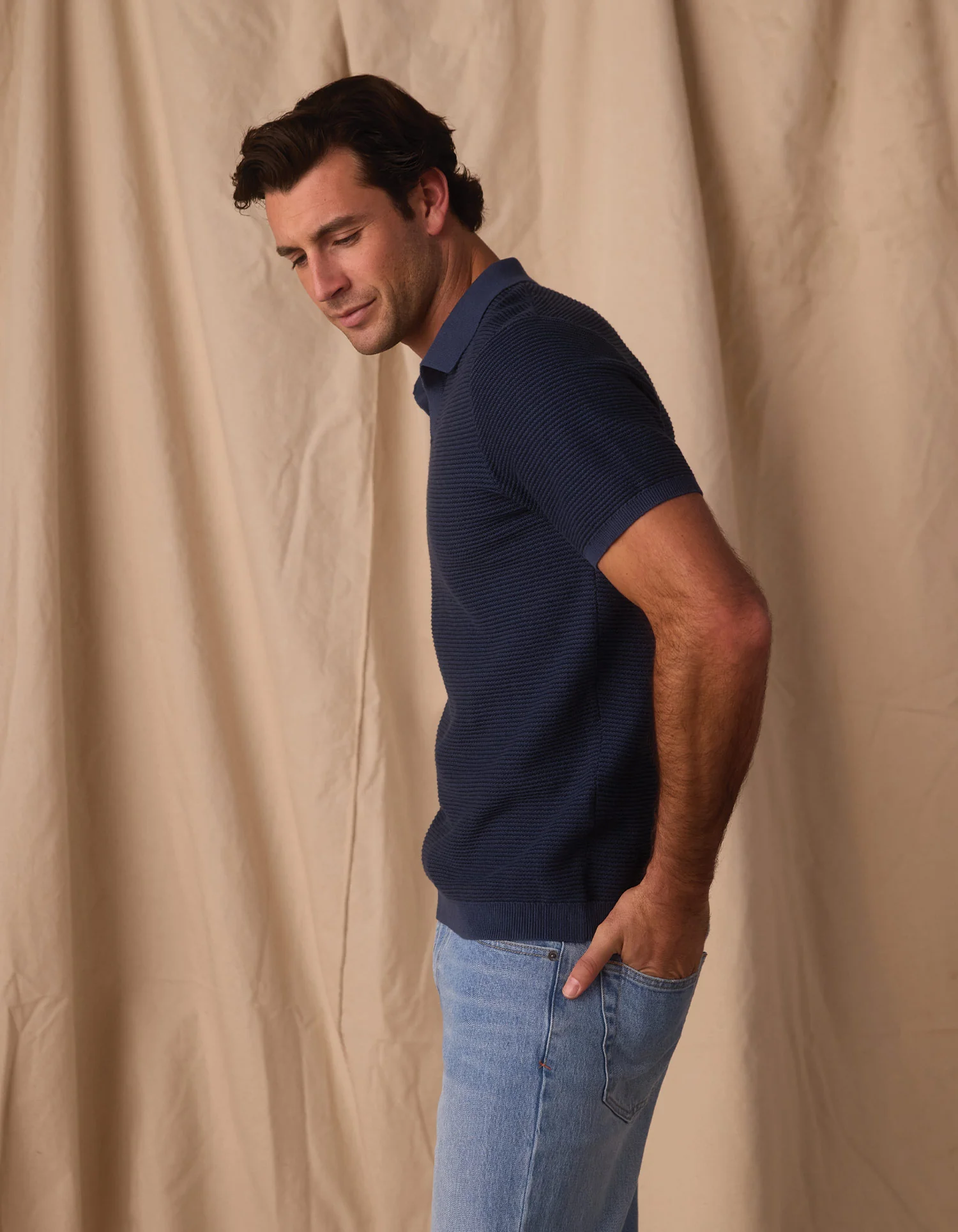Robles Birdseye Knit Polo in Denim/Dark Navy - Image 4