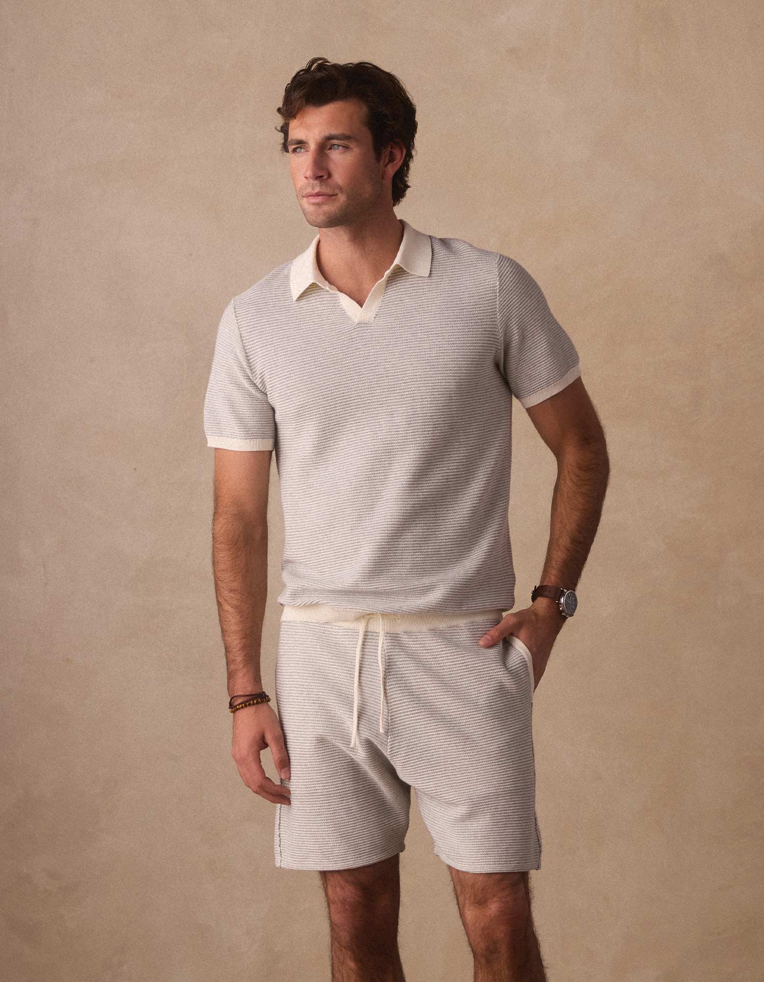 Robles Birdseye Knit Short in Cream/Grey - Image 6