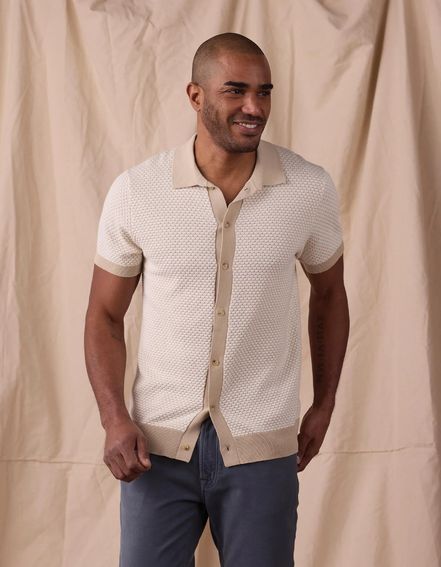 Robles Knit Jacquard Button Up in Ivory/Khaki - Image 6
