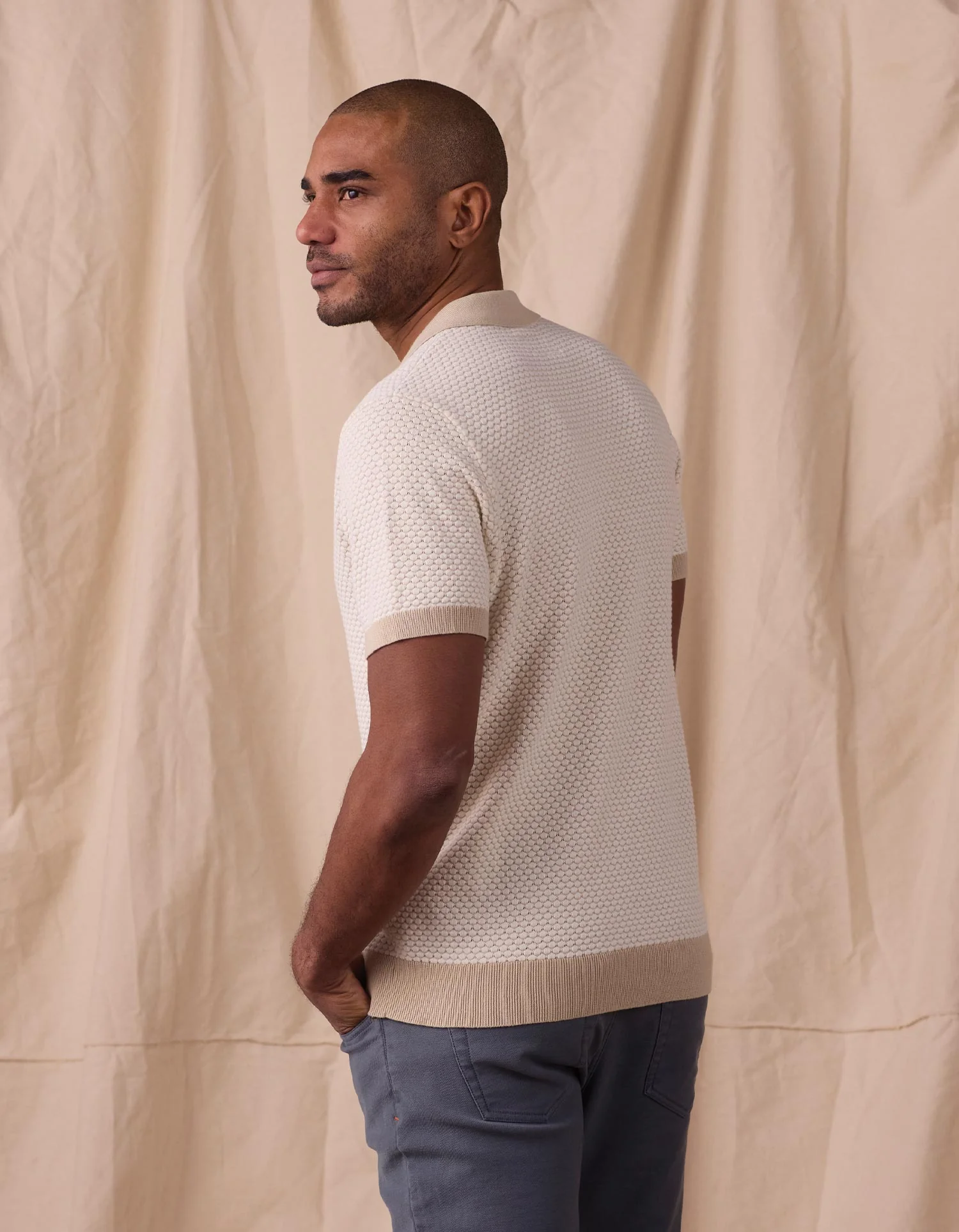 Robles Knit Jacquard Button Up in Ivory/Khaki - Image 7