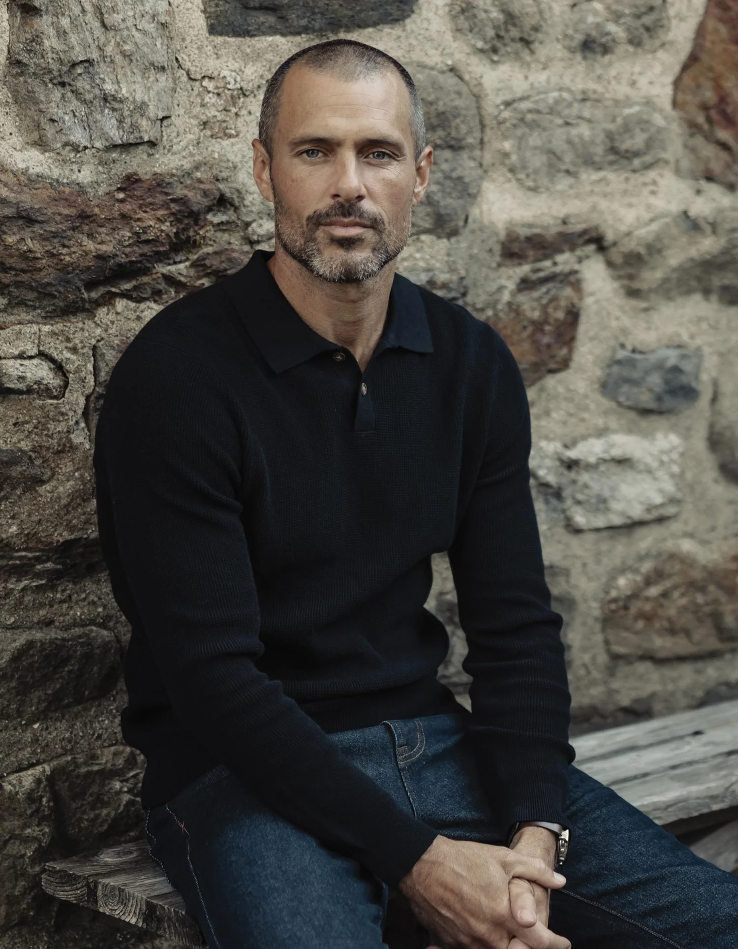 Robles Knit Waffle Stitch Polo in Black - Image 2