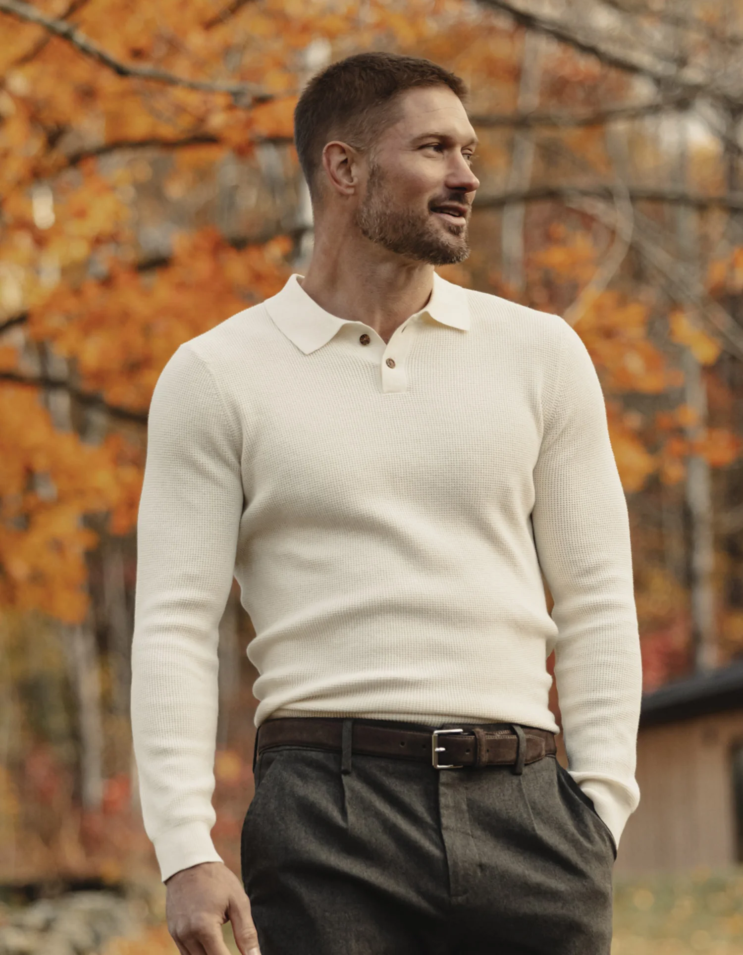 Robles Knit Waffle Stitch Polo in Cream - Image 3