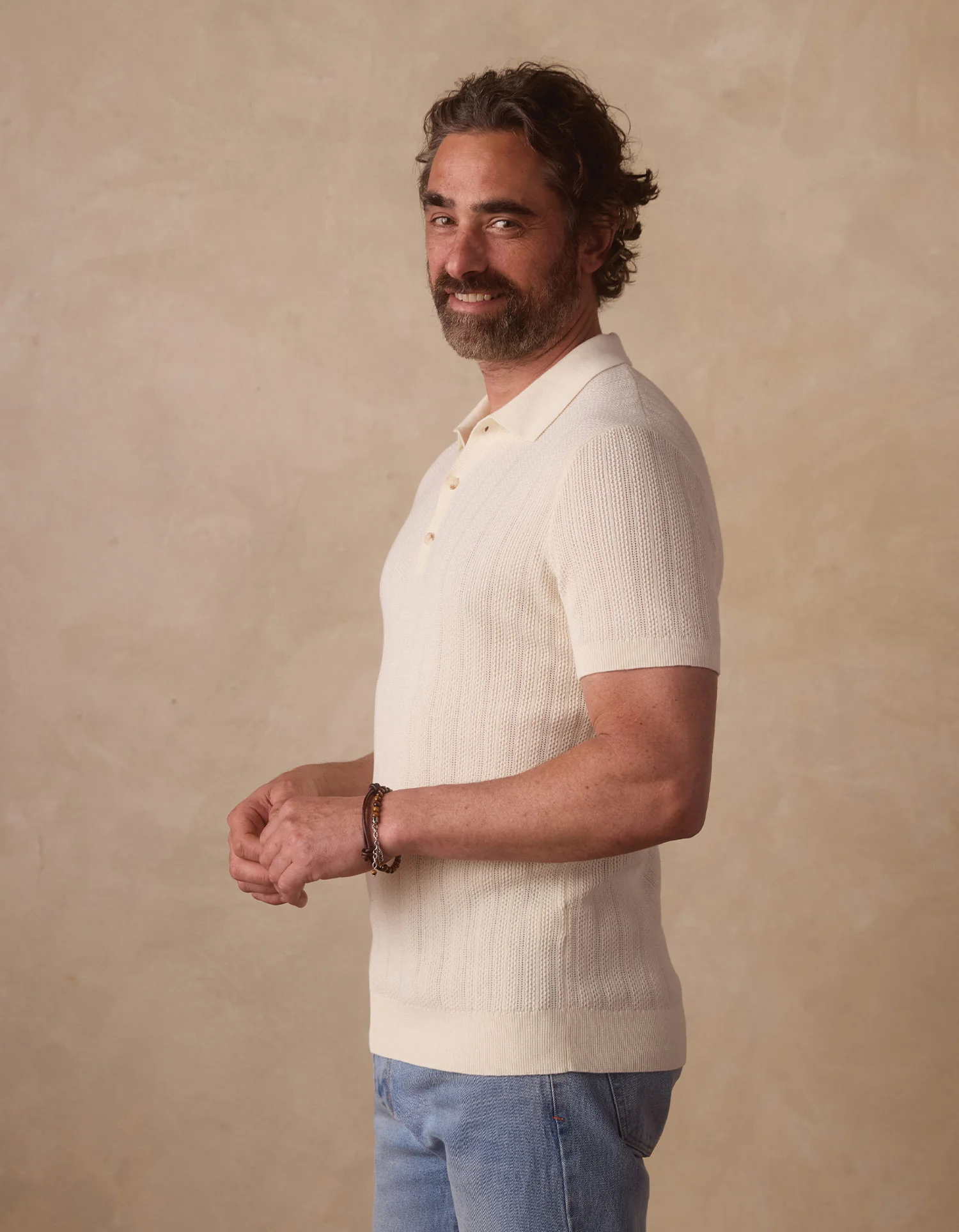 Robles Textured Knit Polo in Ivory - Image 4